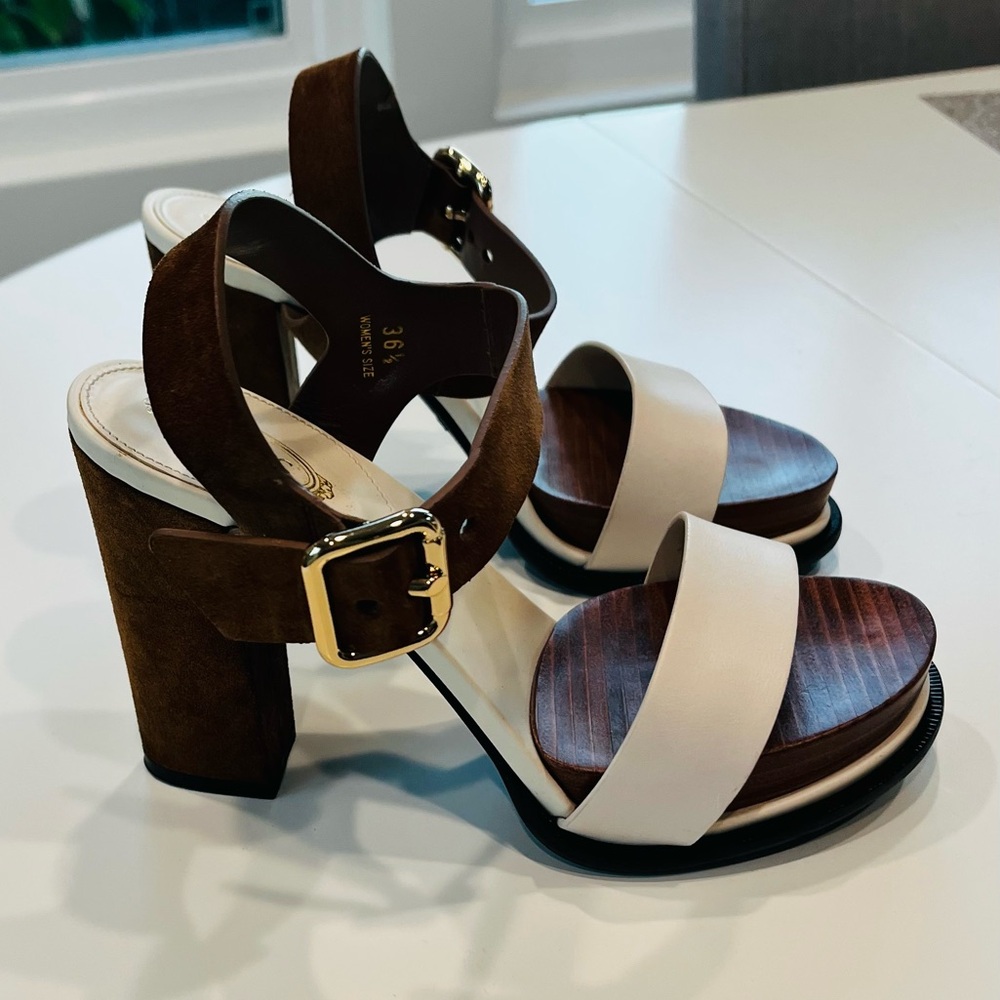 Tods Leather Platform Sandals Brown and White - Picture 7 of 12